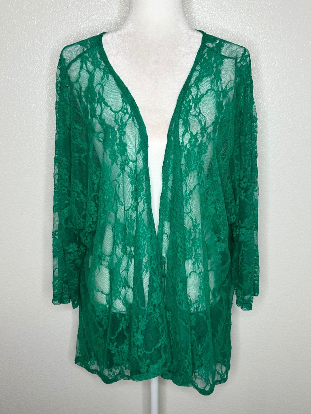 LuLaRoe Womens Green Lindsay Sheer Lace Open Front Kimono Cardigan Size L EUC